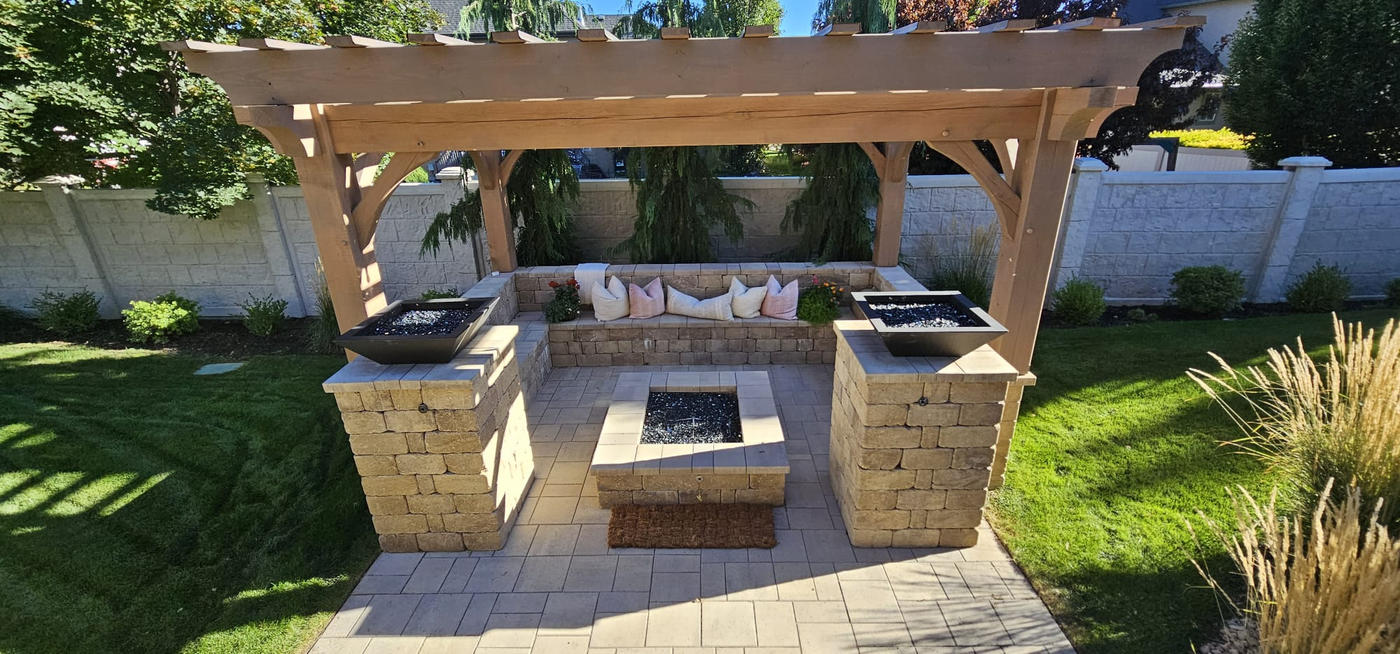 Pergola with fire pit and seating